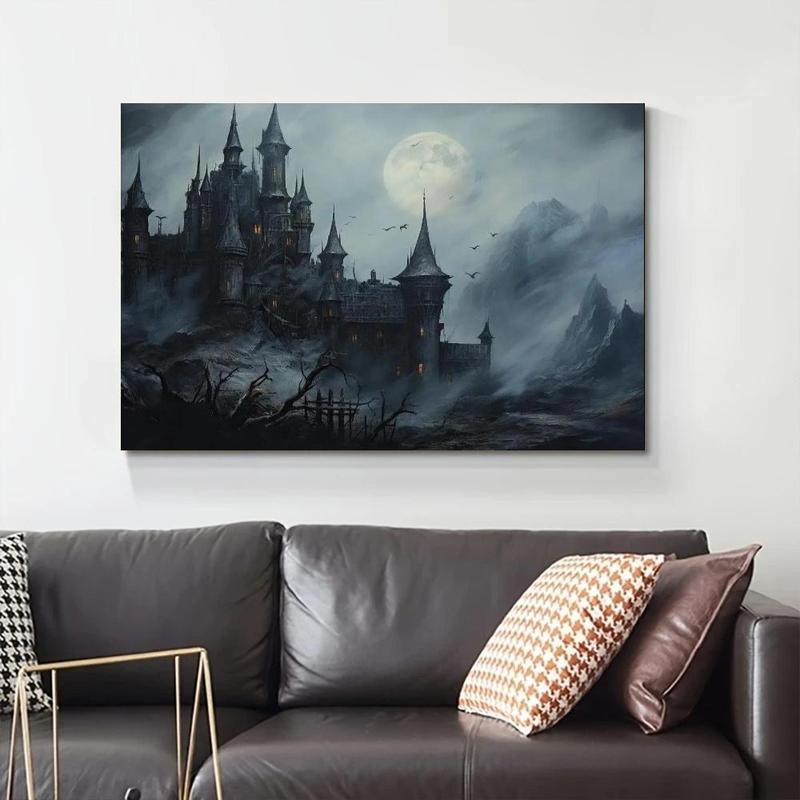 Retro Gothic Dark Theme Solid Wood Framed Mural Decoration, Featuring an Ancient Eerie Castle Wall Art Print for Living Room, Kitchen, or Dormitory with Mysterious and Historic Appeal.