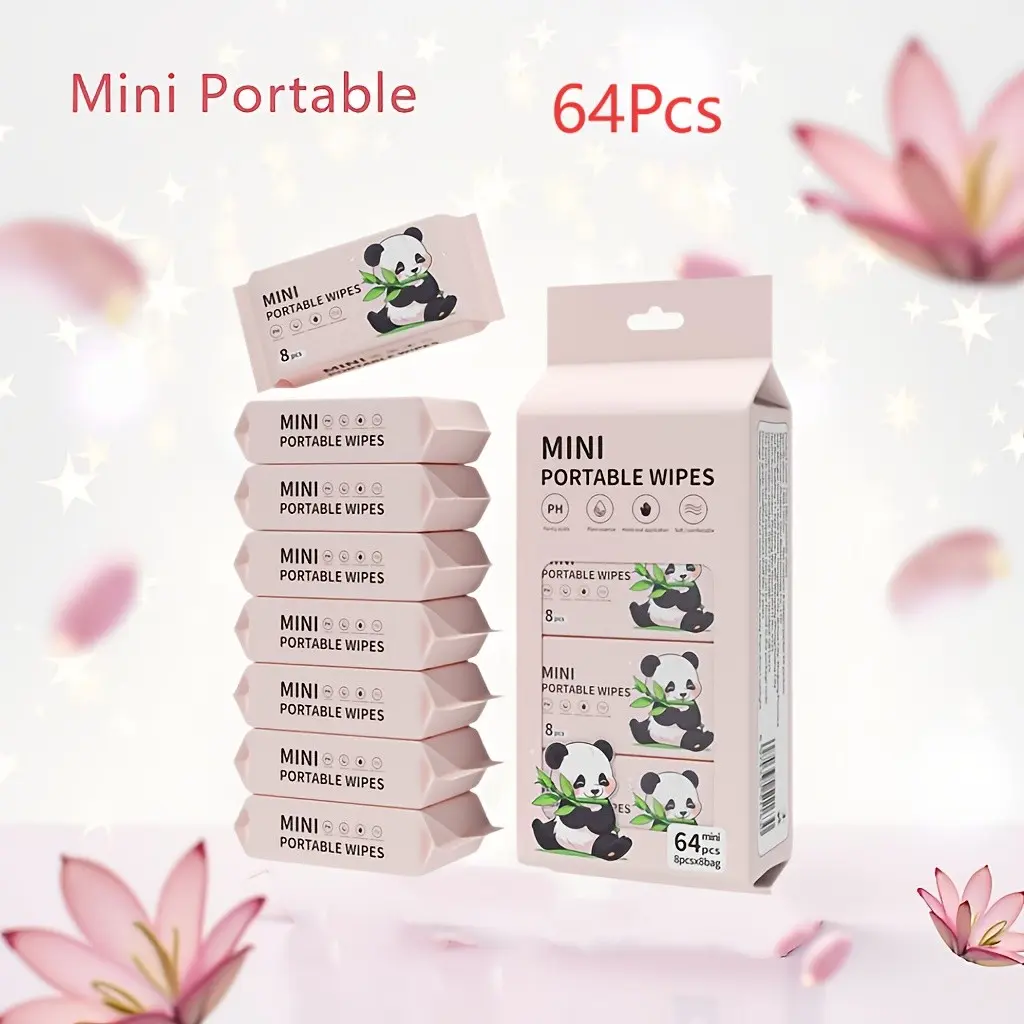 64-piece Panda Cartoon Mini Pack Wet Wipes, Portable Disposable Wet Wipes for Travel, School, Hand and Face Cleaning