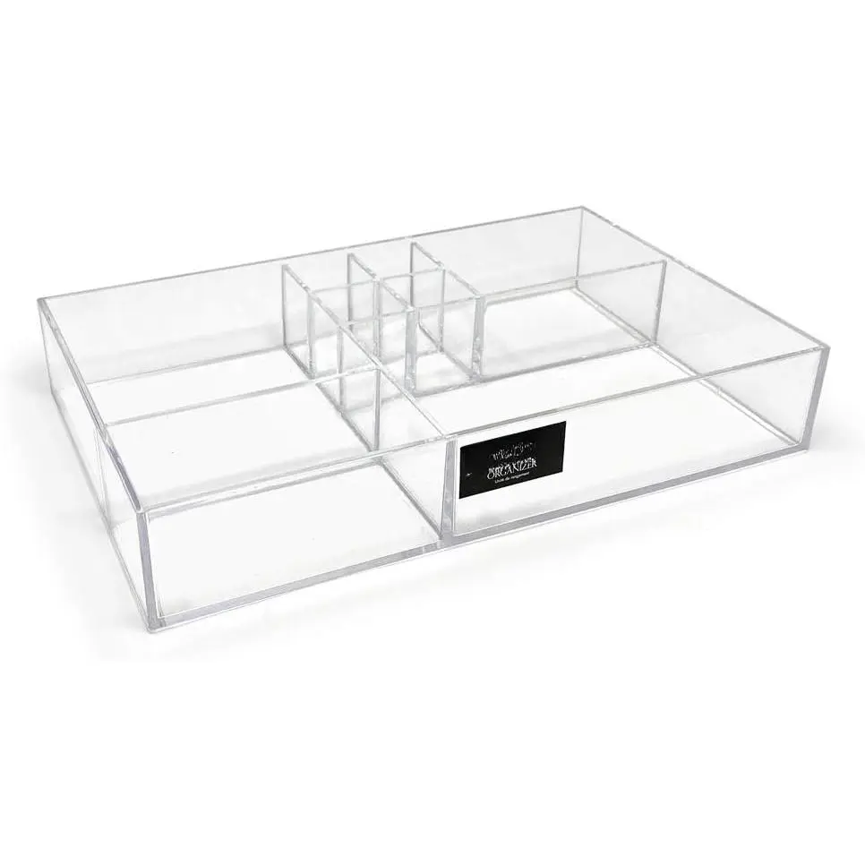 8-Compartment Clear  Drawer Organizer (13" L x 8.1" W x 2.3" H), Multi-Sectional Tray & Storage Solution for Makeup, School & Office Supplies, Bathroom, Kitchen