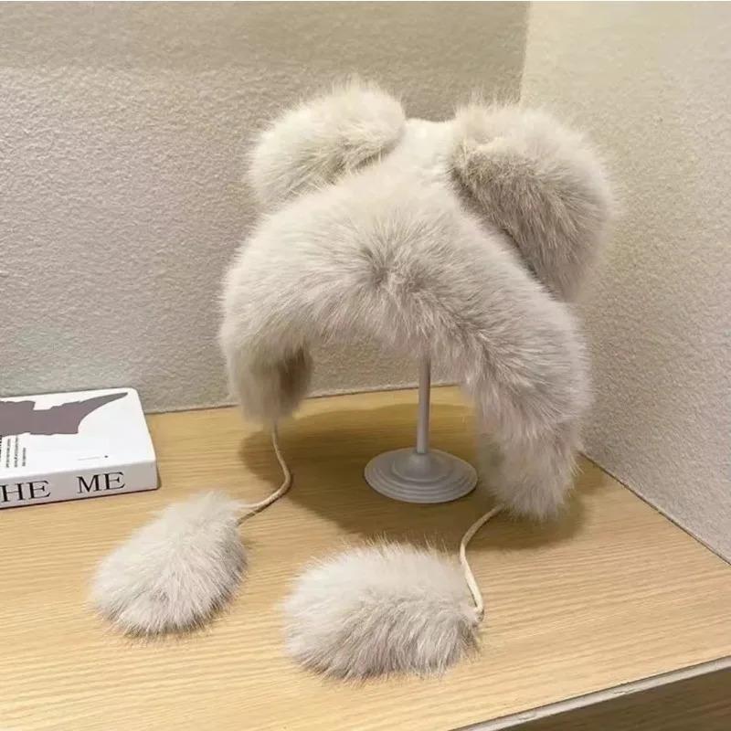 Winter  New Women's Plush Cute Bear Ear Hat ,Thicken and Warm Ear Protection Wind and Snow Hat  Plush Little Bear Lei Feng Hat