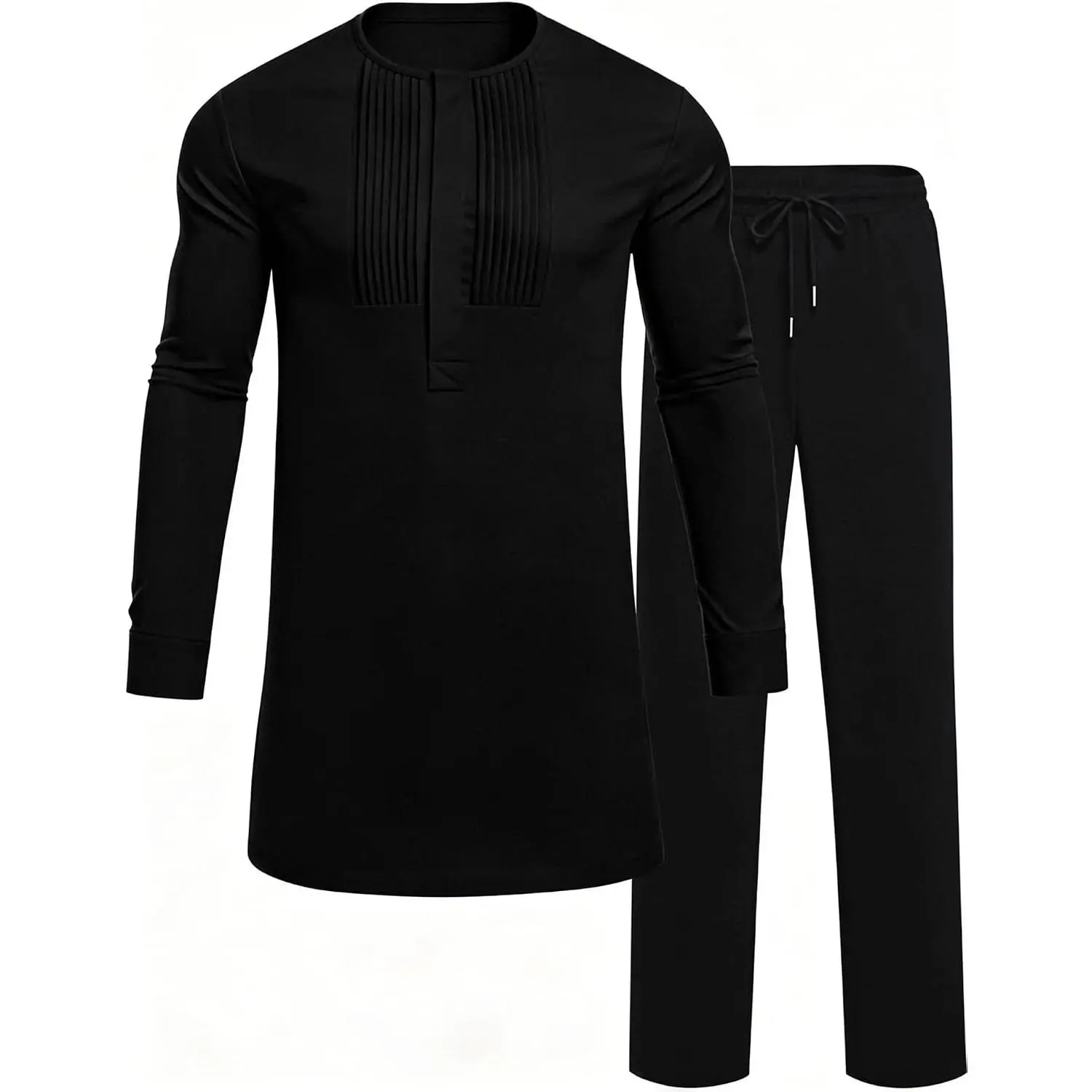 Men's 2-Piece African Dashiki Suit, Long Sleeve Shirt & Regular Fit Pants, Solid Colors, Pleated Design, Snap Button Attire for Nigerian Traditional Occasions, Two-Pieces