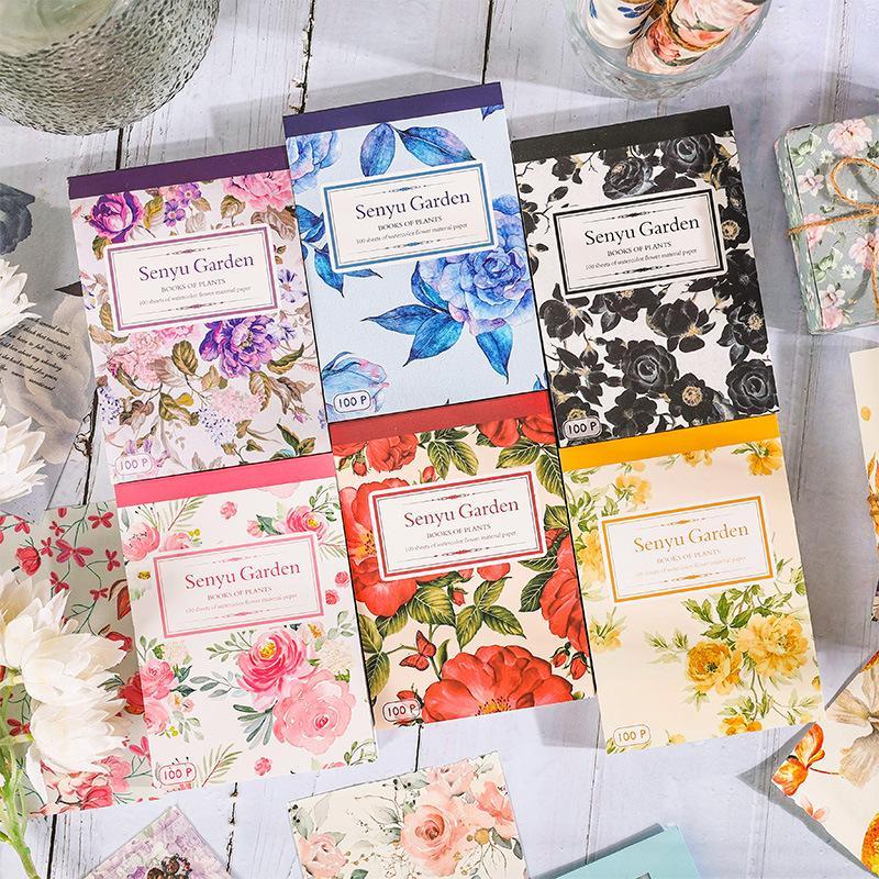 Vintage Floral Pattern Material Paper, 100pcs/set Random Color Creative Non-stick Background Paper, Scrapbook Materials, Art Craft Paper, Office Stationery & Supplies