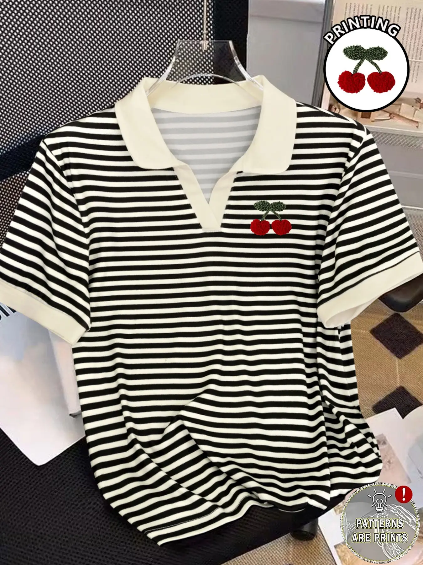 Spring Summer French Retro Striped Polo Short Sleeve, Cute Cherry Print, Colorblock Collar Women's T-Shirt, Casual Loose Fit Top