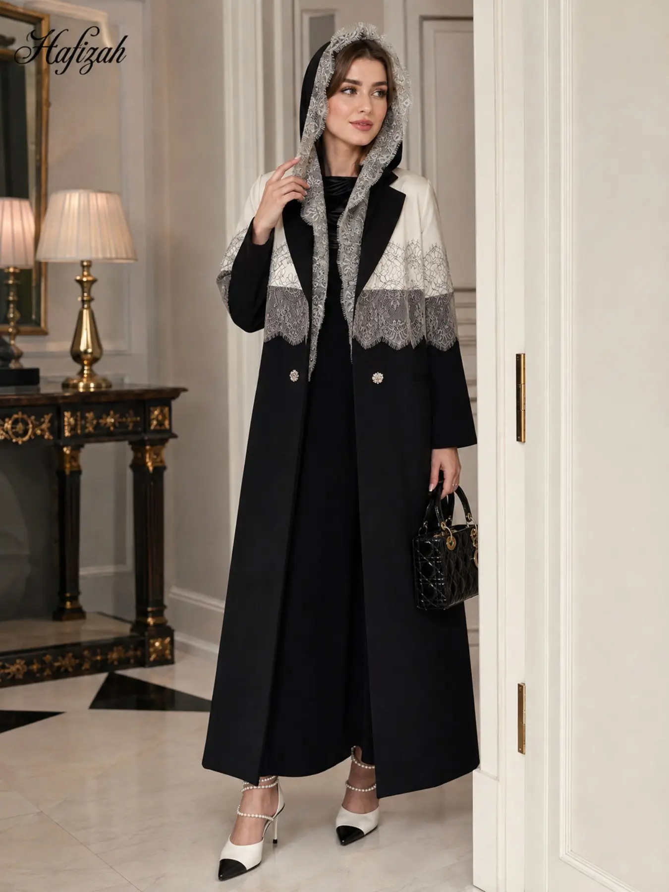 Women's Lace Hooded Robe, Suit Collar Long Coat, Elegant Muslim Dress, Perfect for Eid Al Fitr, Ramadan, Parties