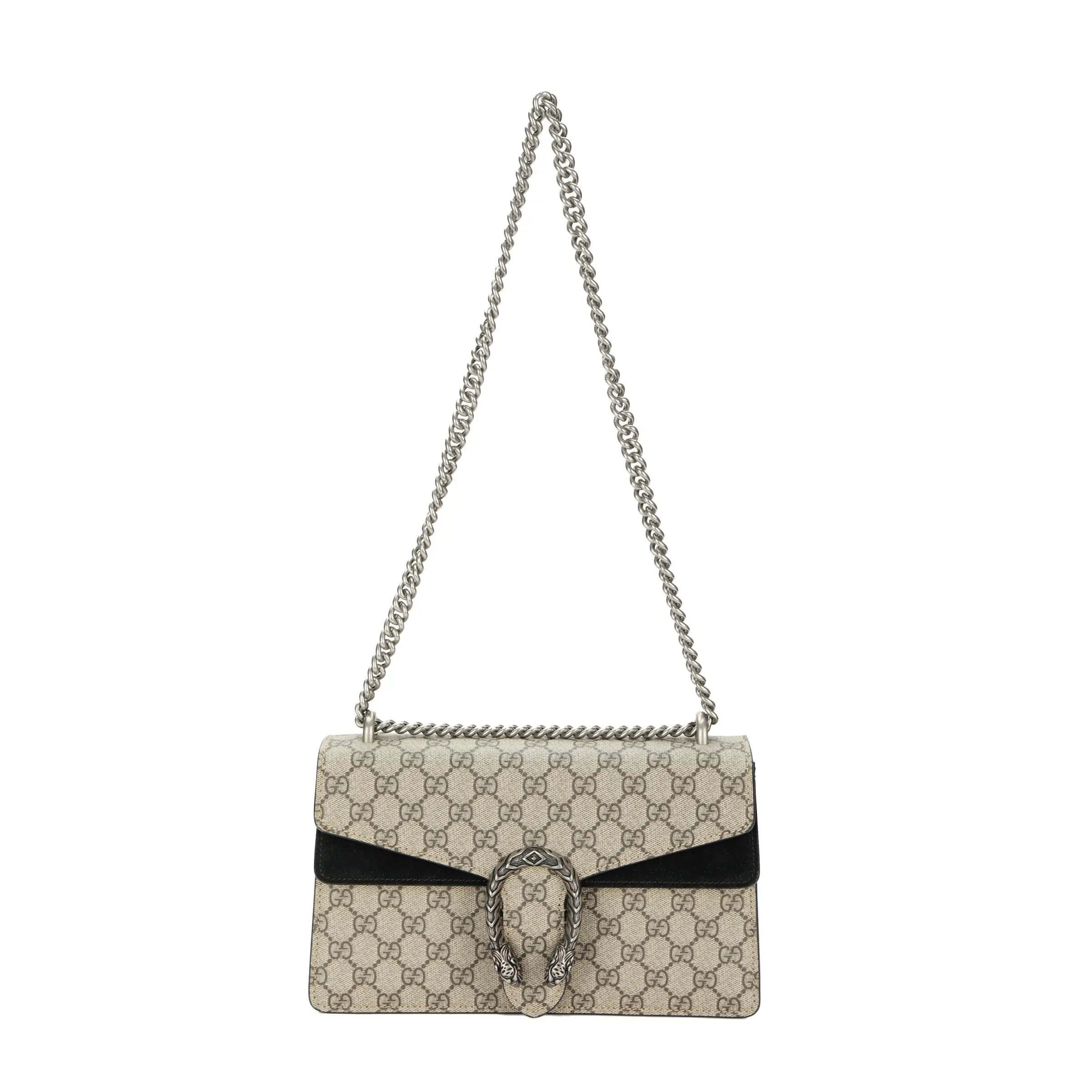 Gucci Dionysus Distressed Tiger-Head Clasp Logo Chain Canvas and Leather Shoulder Crossbody Bag for Women in Ebony Black