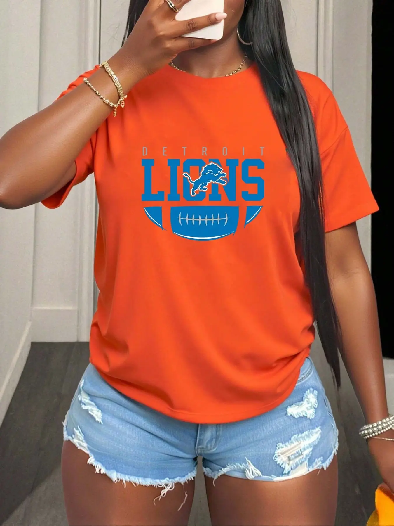 Detroit Lions Women's Printed Short Sleeve Shirt, Fitted Style with Geometric Letter Pattern, All Seasons Fashion Top