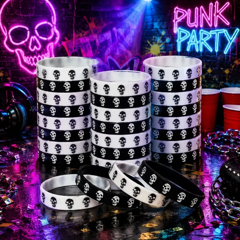 20pcs Punk Skull Wristbands, Gothic Silicone Bracelets, Halloween Party Accessories, Unisex Gifts, Random Styles, Bulk Pack