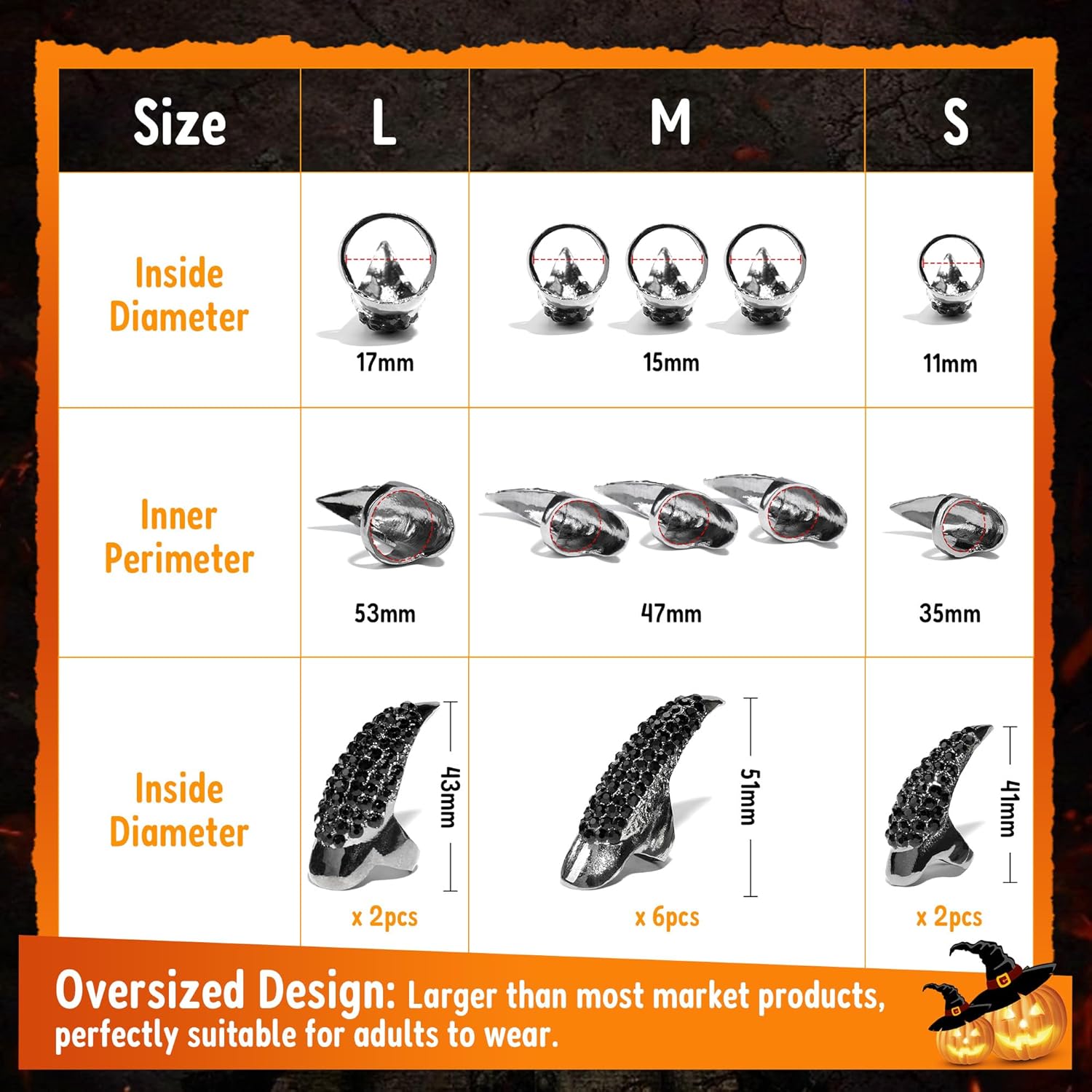 10 count Halloween Costume Claws  Nails Ring Set, 3 Sizes  Full Finger Claws Retro Metal  Rings Gothic Punk Talon Fingertip Claw Long Nails for  Art Holiday Party (Black)