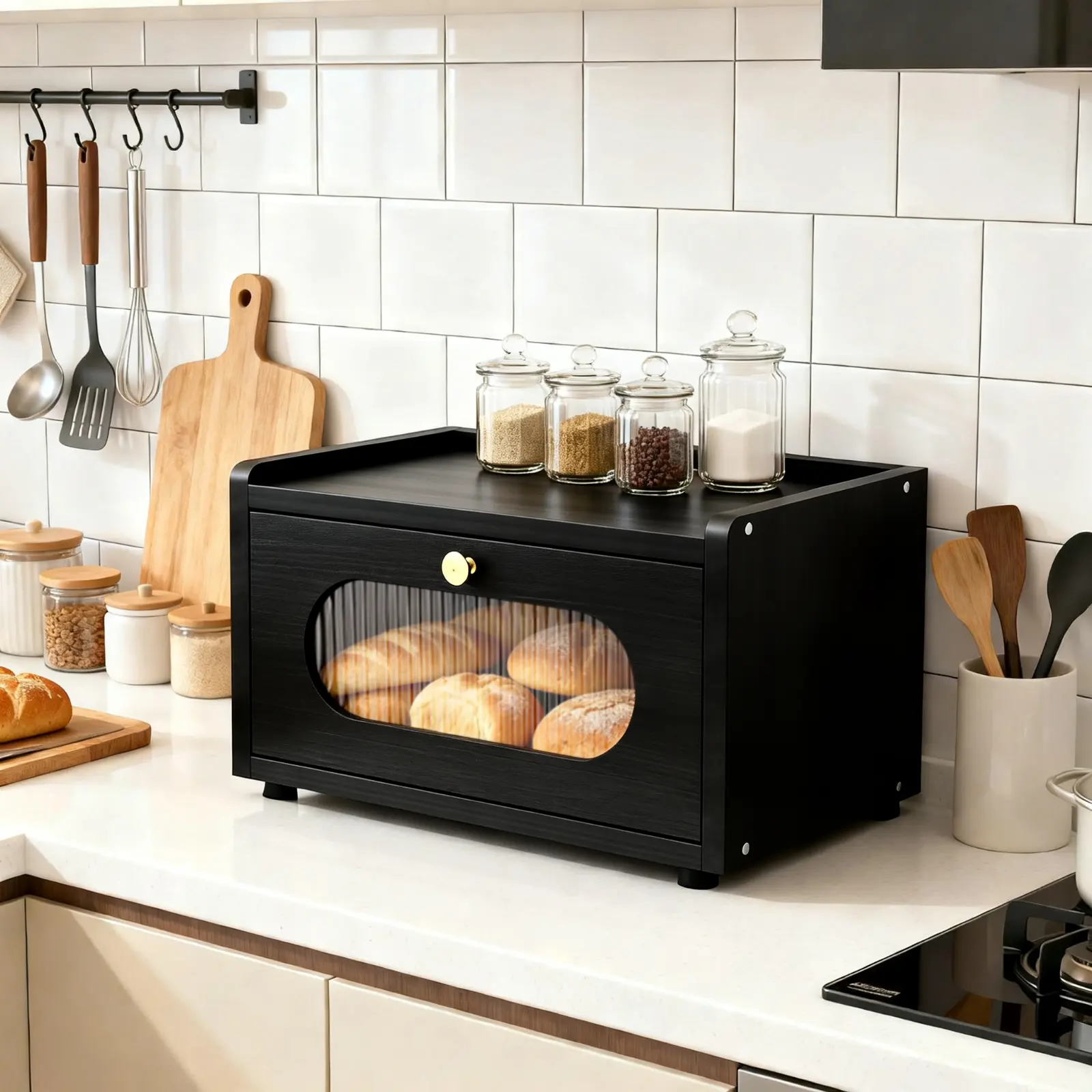 Bread Box for Kitchen Countertop – Stackable 2-Tier Organizer with Acrylic Window – Magnetic Lock, Ventilation, Drawer – Keeps Bread, Snacks & Fruit Fresh, Easy Assembly