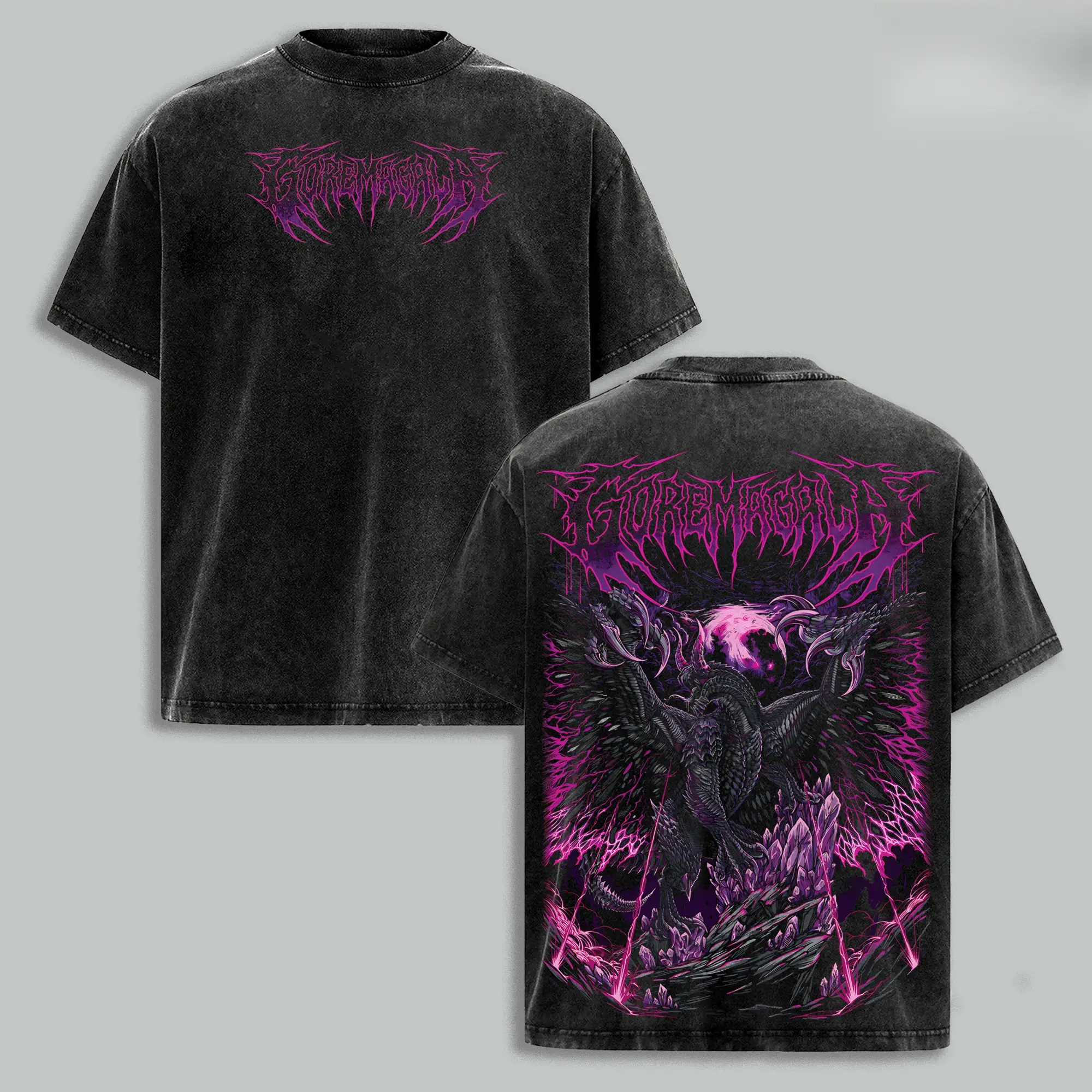 Monster Hunter Gore Magala Heavy Metal Vintage Washed Oversized day T-Shirt |   Purple Neon Graphic  |   Faded Grunge Streetwear distressed tee casual summer