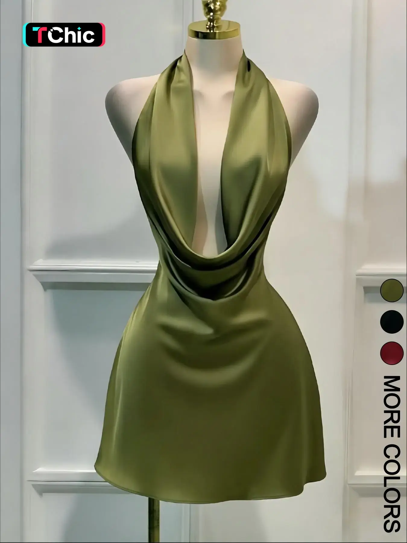 Women's Woven Halter Cowl Neck Mini Dress, Smooth Draped Fabric Open Back Tie Back A-Line Skirt, Elegant Feminine Glam Dress for Party, Date & Evening Wear