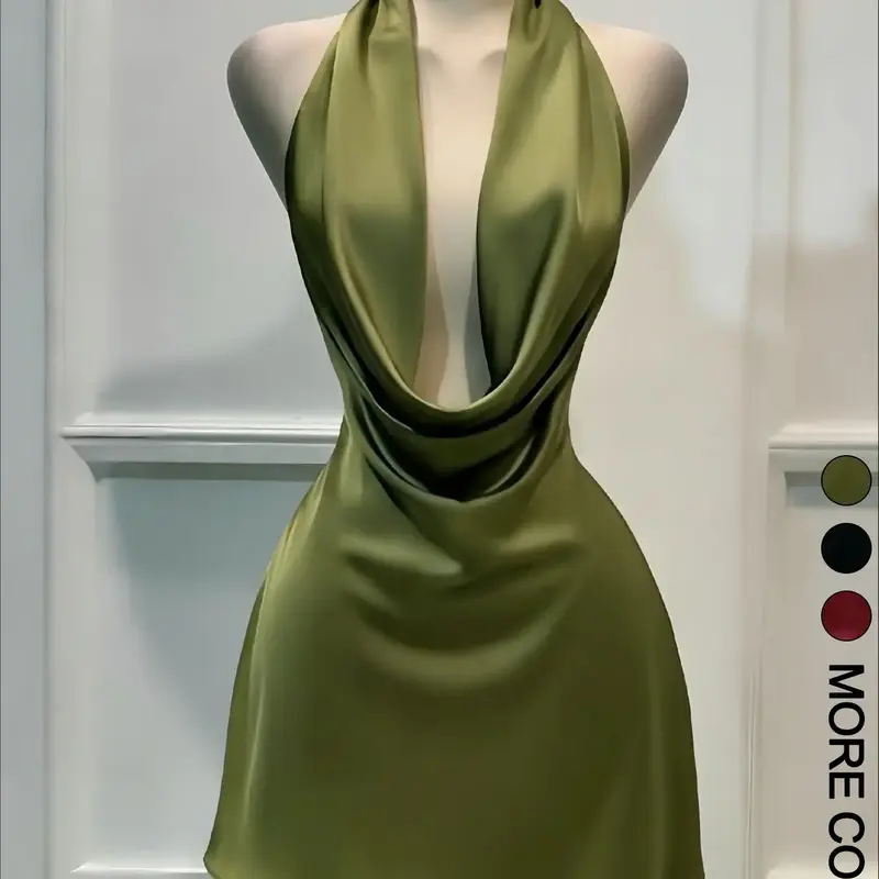 Women's One Piece Halter Mini Dress Cowl Neck Design, Tie Back Closure, Open Back Cut, A‑Line Skirt, Club Party Dress