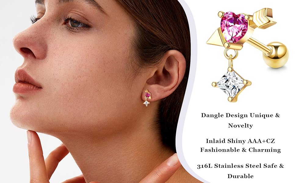 Jstyle 9 Pcs 16G Dangle Cartilage Earrings for Women Stainless Steel Stud Earrings Heart Arrow Feather Snowflake Wing CZ Dangling Cartilage Earrings Tragus Conch Helix Piercing Jewelry Daily