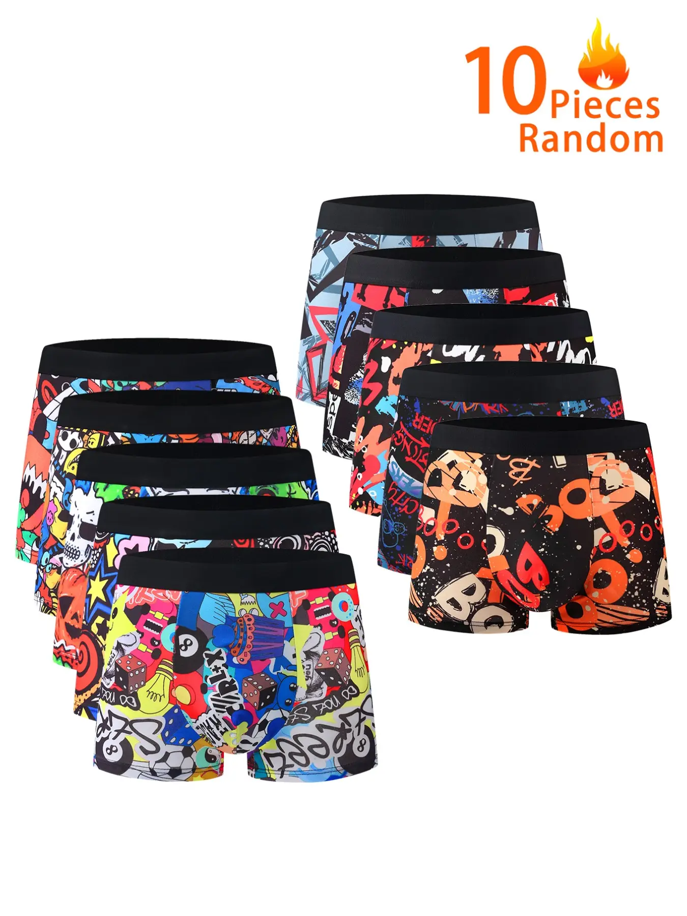 10 Pcs Men's Boxer Briefs, Geometric Letter Print, Soft High-Elastic Waist, Slim Fit, Casual Style, All Seasons, Youth Trendy Trunks