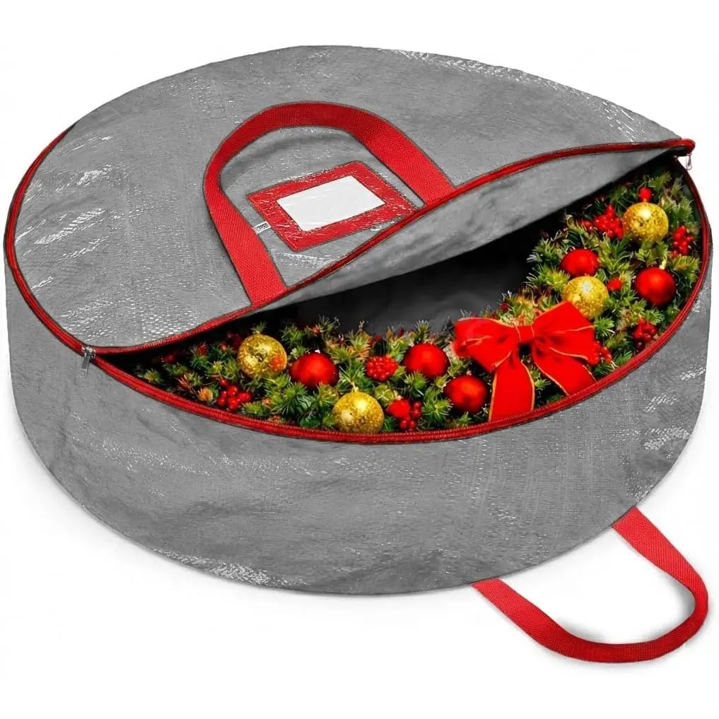 Christmas wreath storage box 30inch - wreath bag for storing artificial wreaths - double-zippered wreath storage bag with sturdy and durable handle - gray
