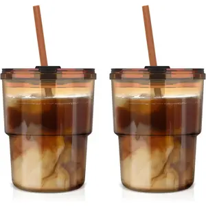 13 oz Tumbler Water Glass Cups with Straw & Lid, Reusable Iced Coffee, Tea Cups, Leak-Proof Thick Wall Travel Glass Tumbler for Home, Office, Car Cup Holder Friendly, BPA Free (Amber, 2 Pack)