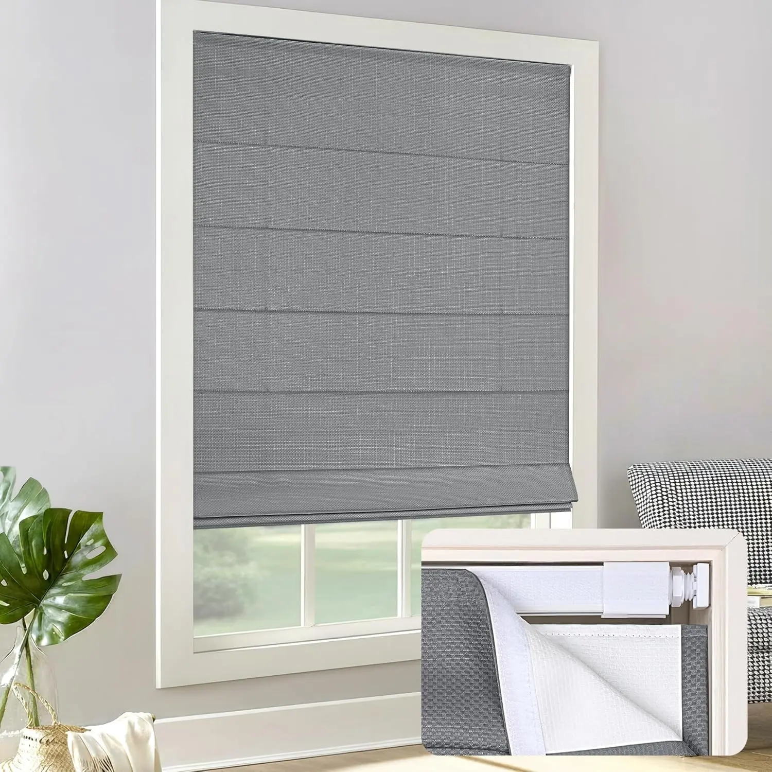 No Drill Light Filtering Roman Shades, Charcoal 32" W x 48" H, Tool-Free Easy Install Thermal Insulated UV Blocking Room Darkening Window Blinds for Bedroom Living Room