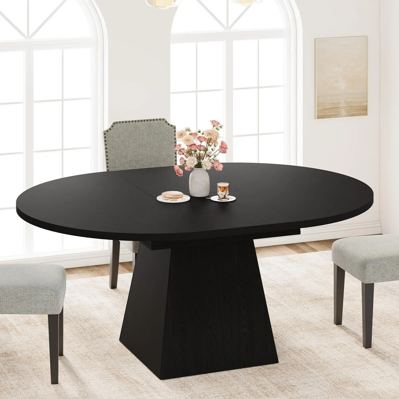Garvee Circular Extendable Round Dining Table, 47"-63" Size, for 4-8 People