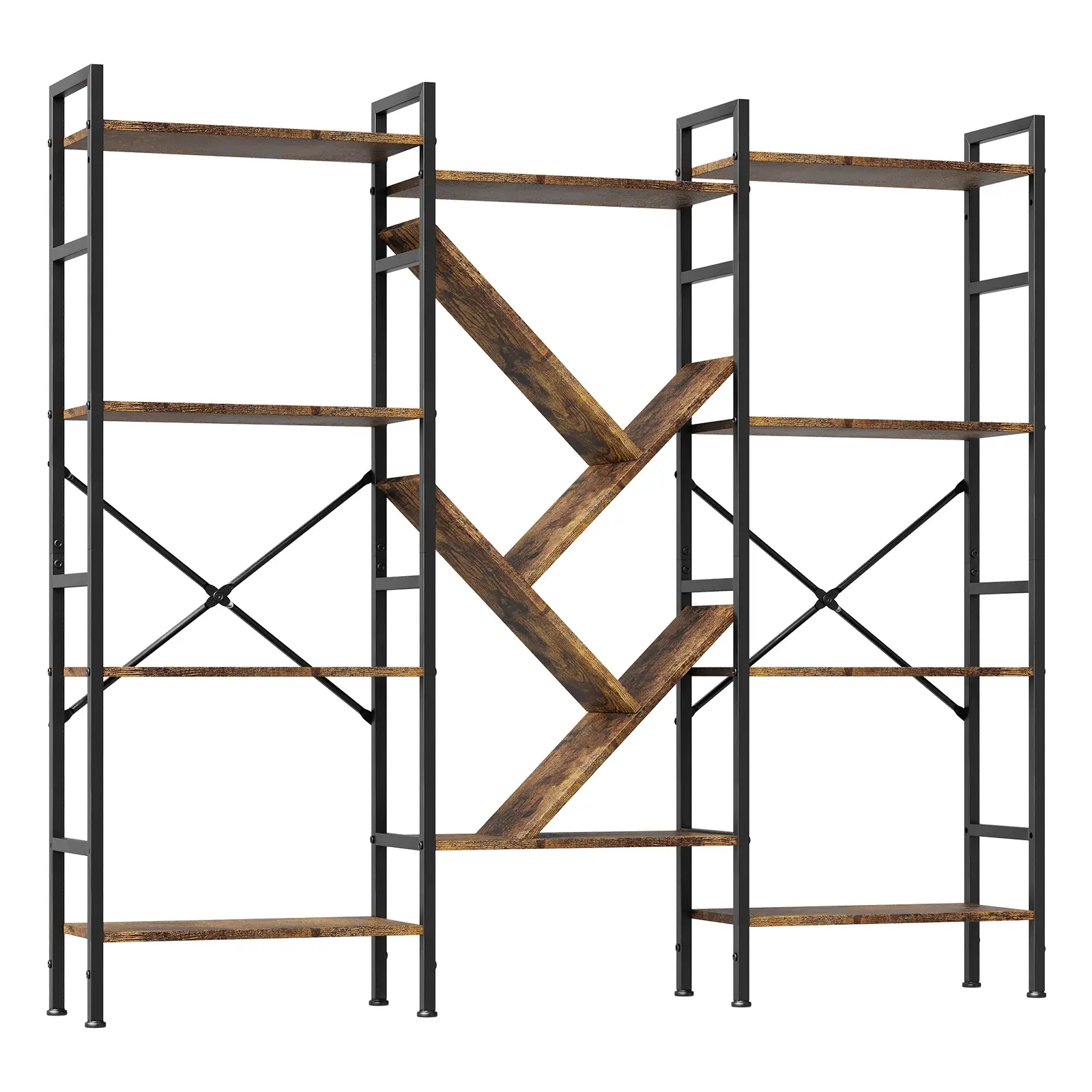 4 Tier Industrial Bookcase with Tree Shelves,Tall Open Bookshelf with Steel Frame, Rustic Display Shelves