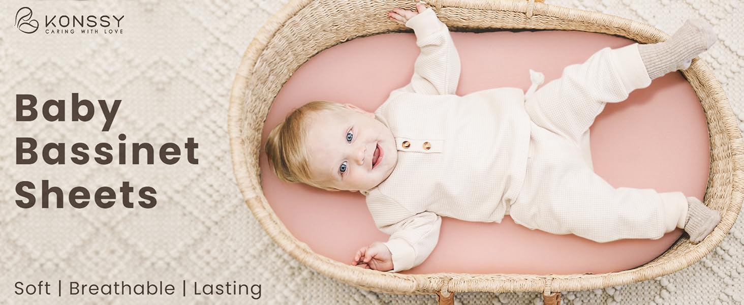 3 Pack Stretchy Bassinet Sheets for Baby Girl Boy, Soft Breathable Baby Bassinet Mattress Sheets Fit for Hourglass Oval Cradle, Moses Basket Rectangle Mattress (Pink Spring)