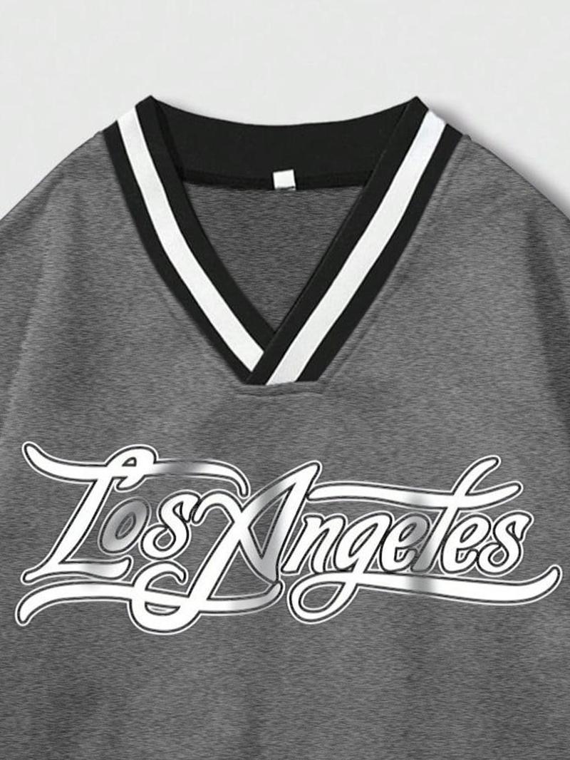 Men's Letter & Figure Print Striped Trim Drop Shoulder Sweatshirt, Loose Casual Preppy Style Long Sleeve V Neck Pullover for Fall & Winter, Men's Clothes for Daily Wear