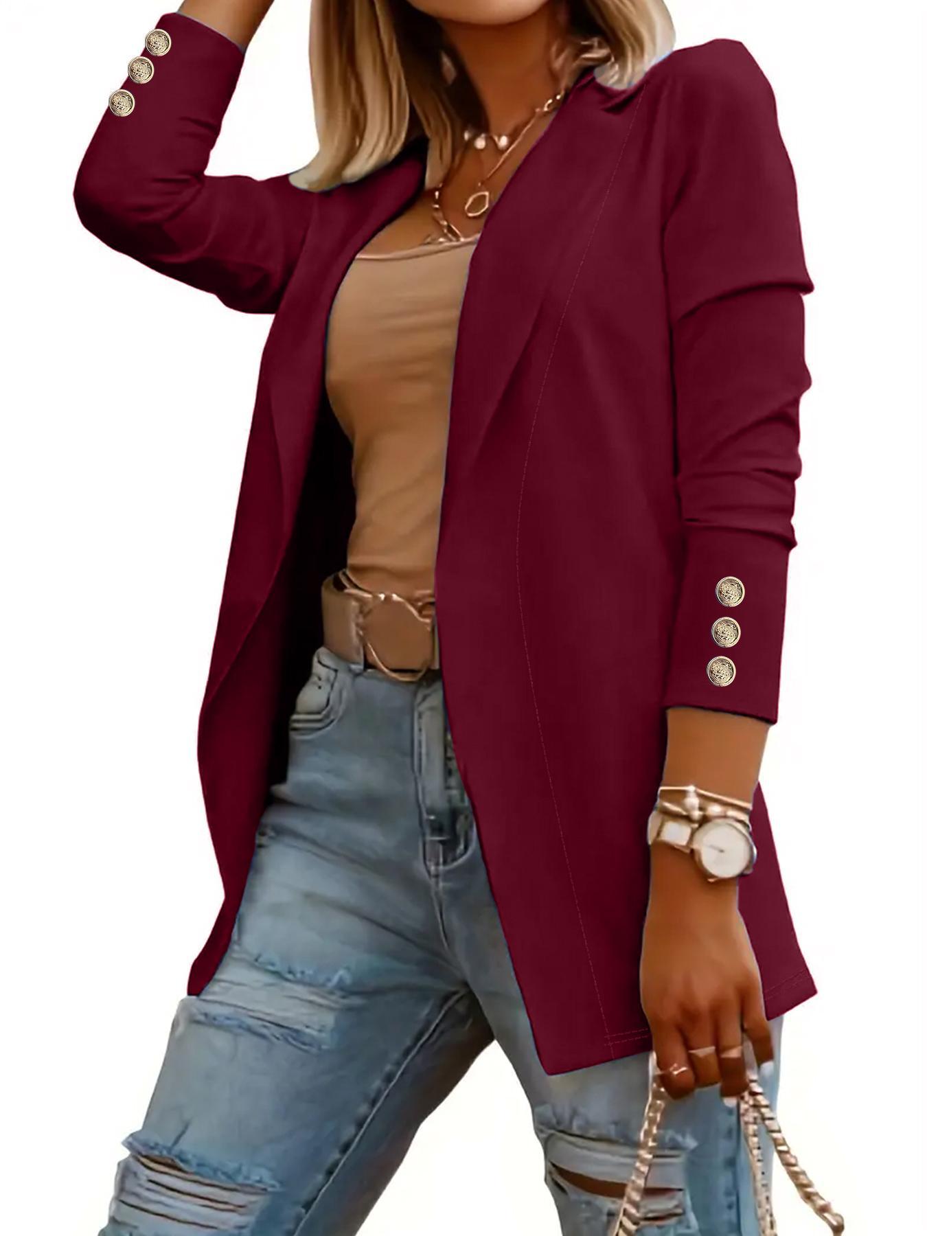 Women's Solid Button Lapel Neck Open Front Fitted Instant Classic Blazer, Casual Long Sleeve Outerwear for Spring & Fall, Ladies Clothes for Work Office Business Womenswear