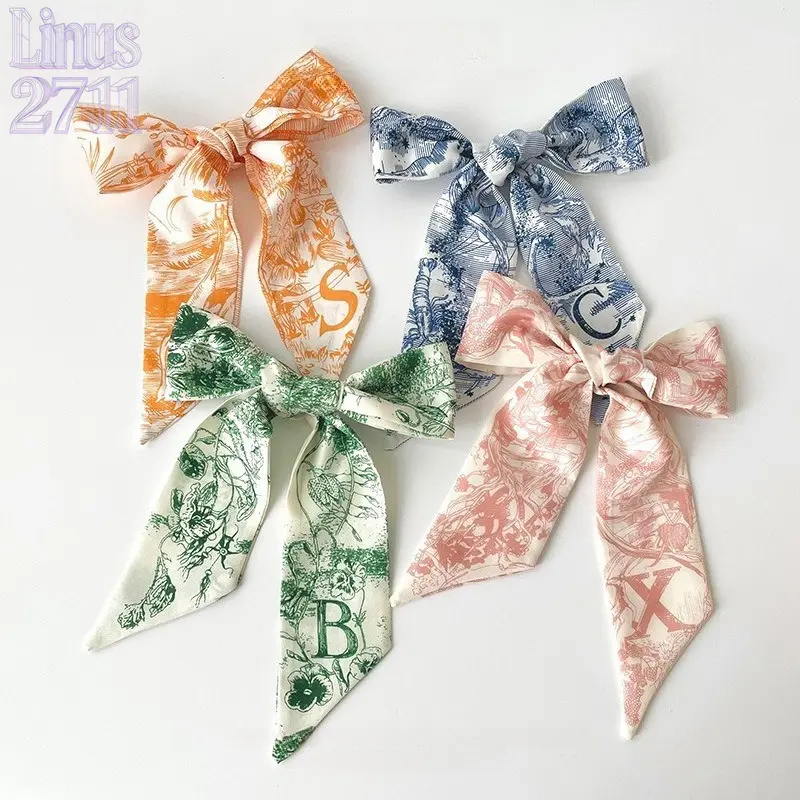 26-Piece Set: A-Z Initial Long Silk Scarf/Ribbon featuring vintage floral sketches—versatile for use as a hair tie, bag accessory, or neck scarf; ideal as a wedding gift or fashion accessory.