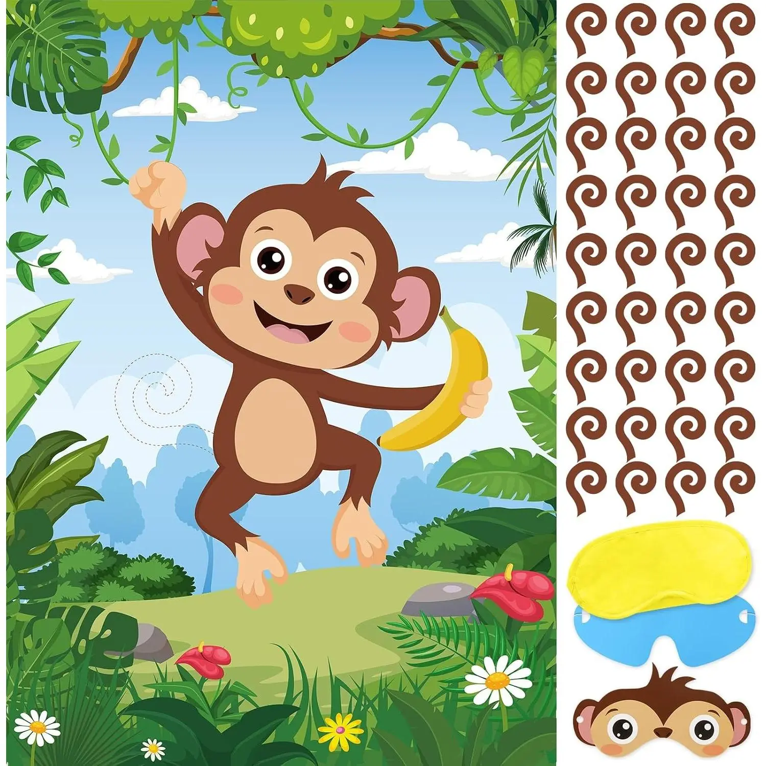 Safari Animal Party Games for Kids Birthday - Pin The Tail on The Monkey, Jungle Zoo Party Supplies and Decorations, Large Poster with 36 Tail StickersGift