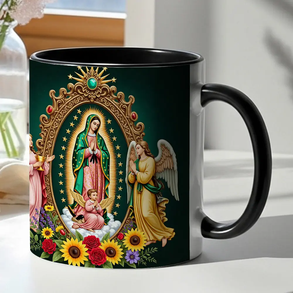 1pc, a Coffee Mug Featuring Our Lady of Guadalupe with Angels, Designed with a Motif. This Drinkware Is Inspired by Catholic Faith, Perfect for Everyday Use
