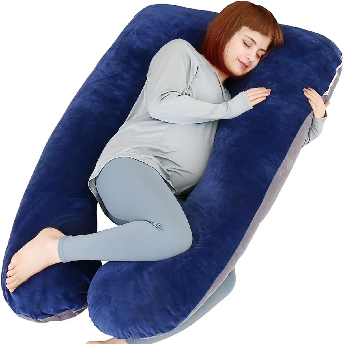 Shaped Pregnancy Pillow, Maternity Full Body Pillow for Back, Legs and Belly Support, Sleeping Pillow for Pregnant Women and Side Sleepers with Removable Cover (Blue Grey)
