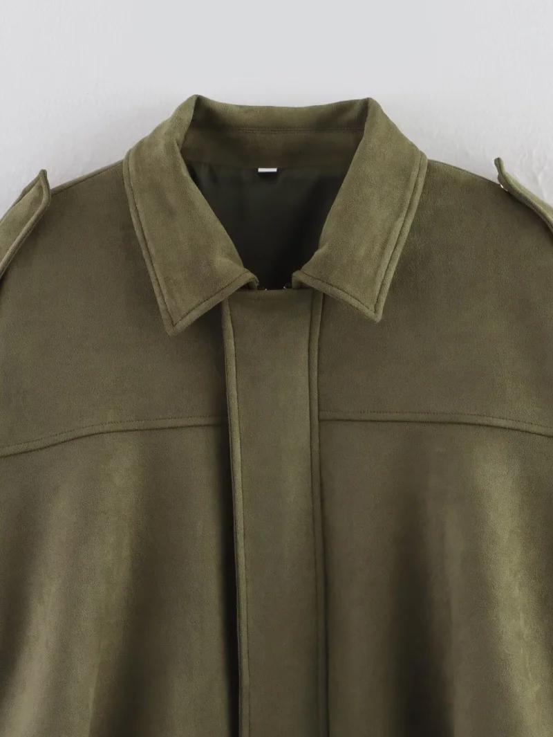 2026 Spring New Women's Suede Texture Effect Loose Fit Fashion Lapel Shoulder Bomber Jacket in Olive Brown & Burgundy