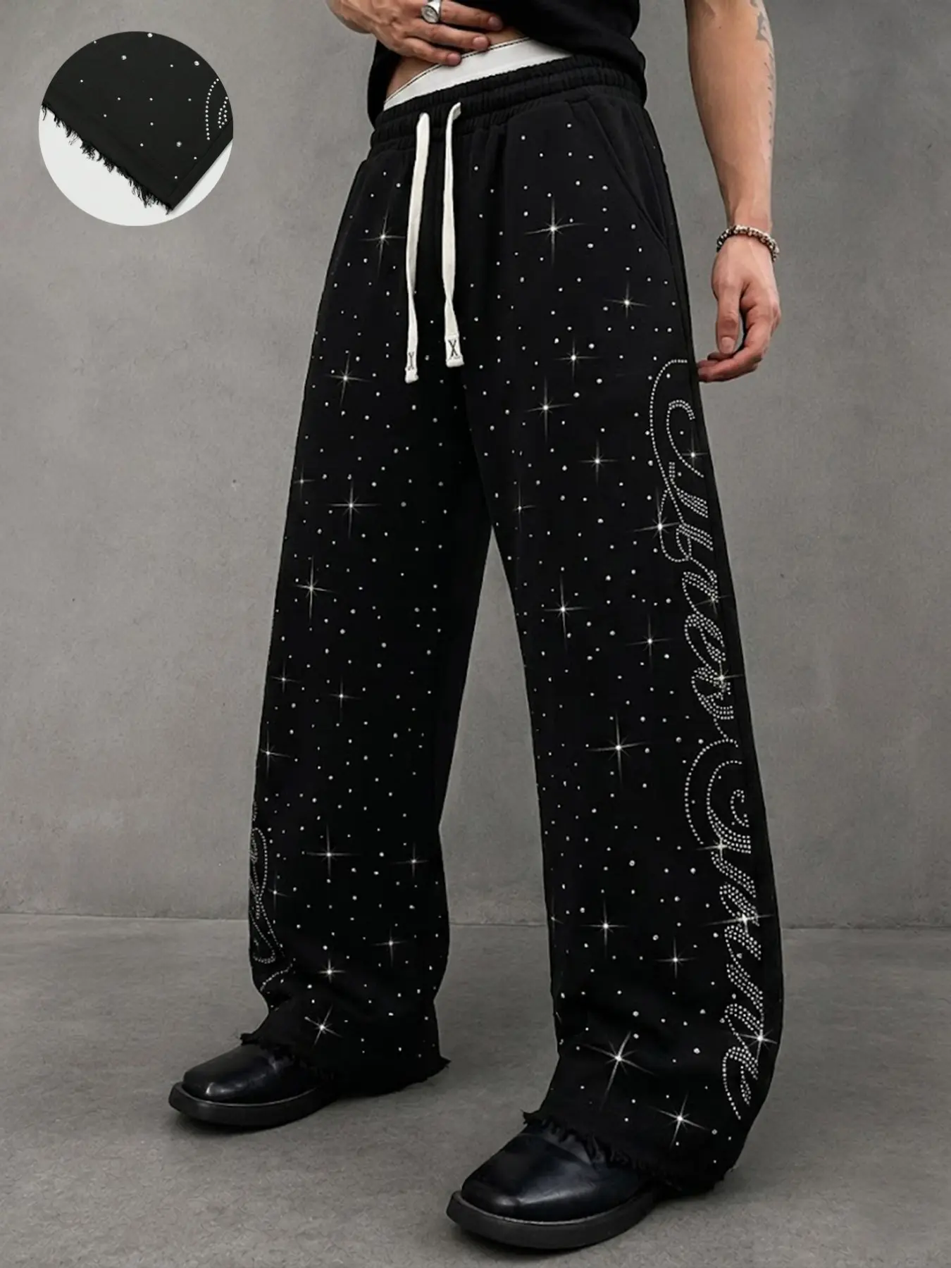 1pc Men Sweatpants Y2K High Street Hip Hop Full Rhinestone Double Waistband Letter Print Raw Hem Drawstring Wide Leg Baggy Pants for Skateboard