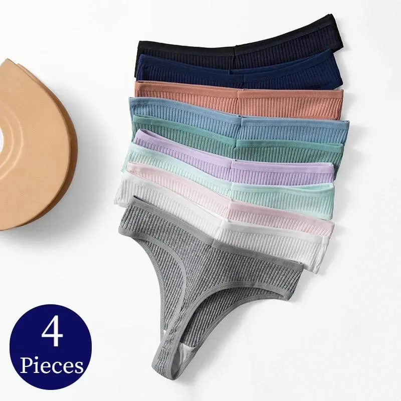Women's 4PCS Cotton Striped Thongs Lingerie - Asian Minimalist Low Waist Elastic Basic Sports Underwear Set, Breathable Cozy T-Back for Swimwear Pairing, Machine Washable, Asian Size 1-3, Size M, Adult Female