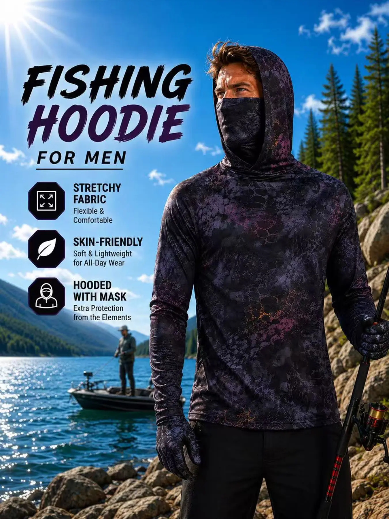 Men's UV Protection Fishing Hoodie, Quick Dry Long Sleeve, Breathable Mesh Fabric, Ideal for Surfing, Sailing, Hunting, Running, Climbing