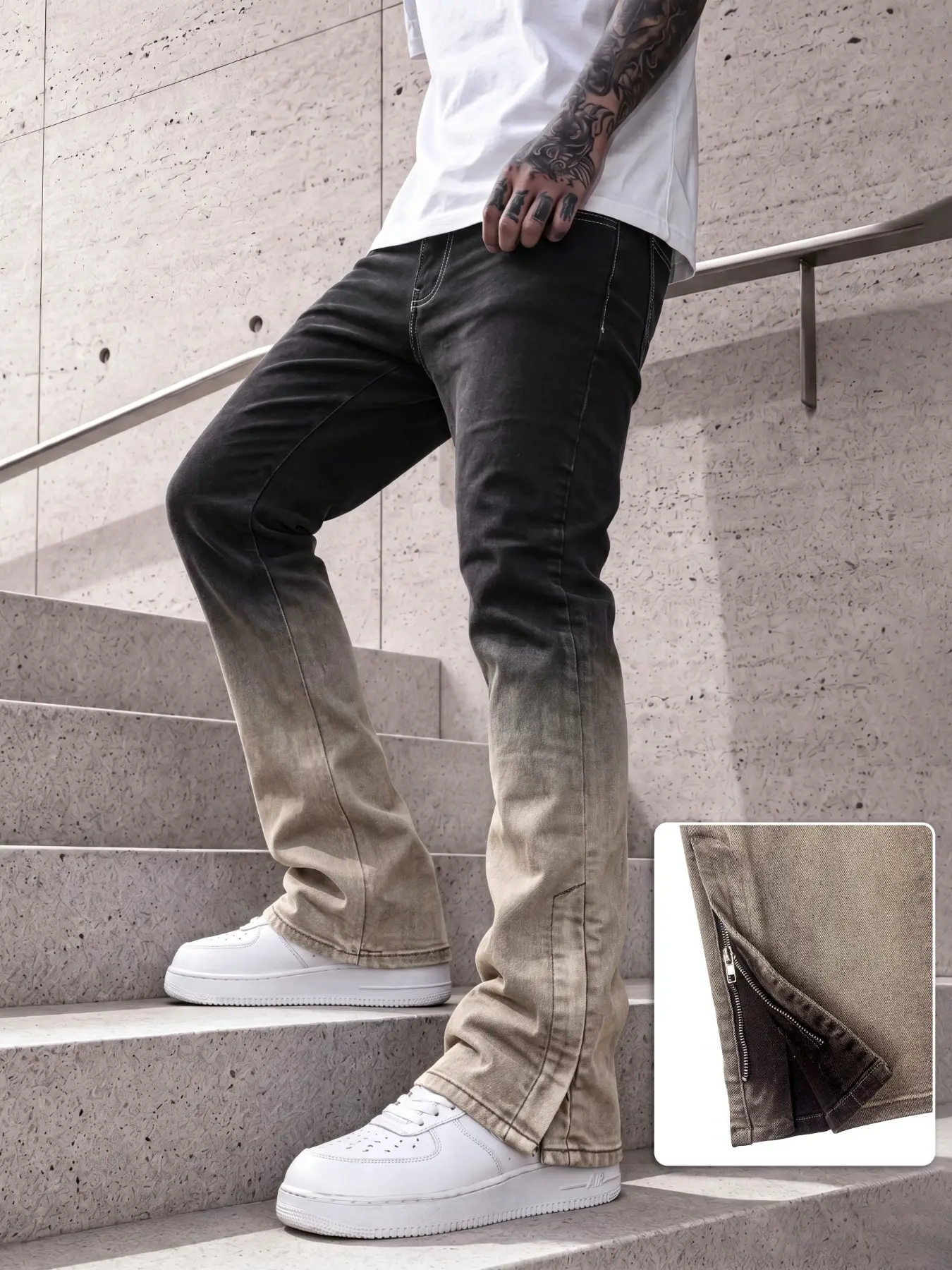 Men's Gradient Micro Flare Casual Fashion Jeans, Slim Fit Stretch Bell Bottoms, Zipper Hem, Street Style Washed Denim, Streetwear Denim, All Seasons