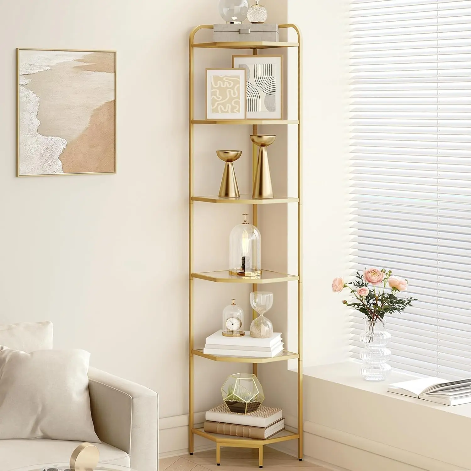 Corner Shelf Stand, 6-Tier Glass Bookshelf Bookcase, Bathroom Organizer, Plant Stand, Steel Frame, Tempered Glass, Modern Style for Living Room, Bathroom, Kitchen, Golden CS90600G