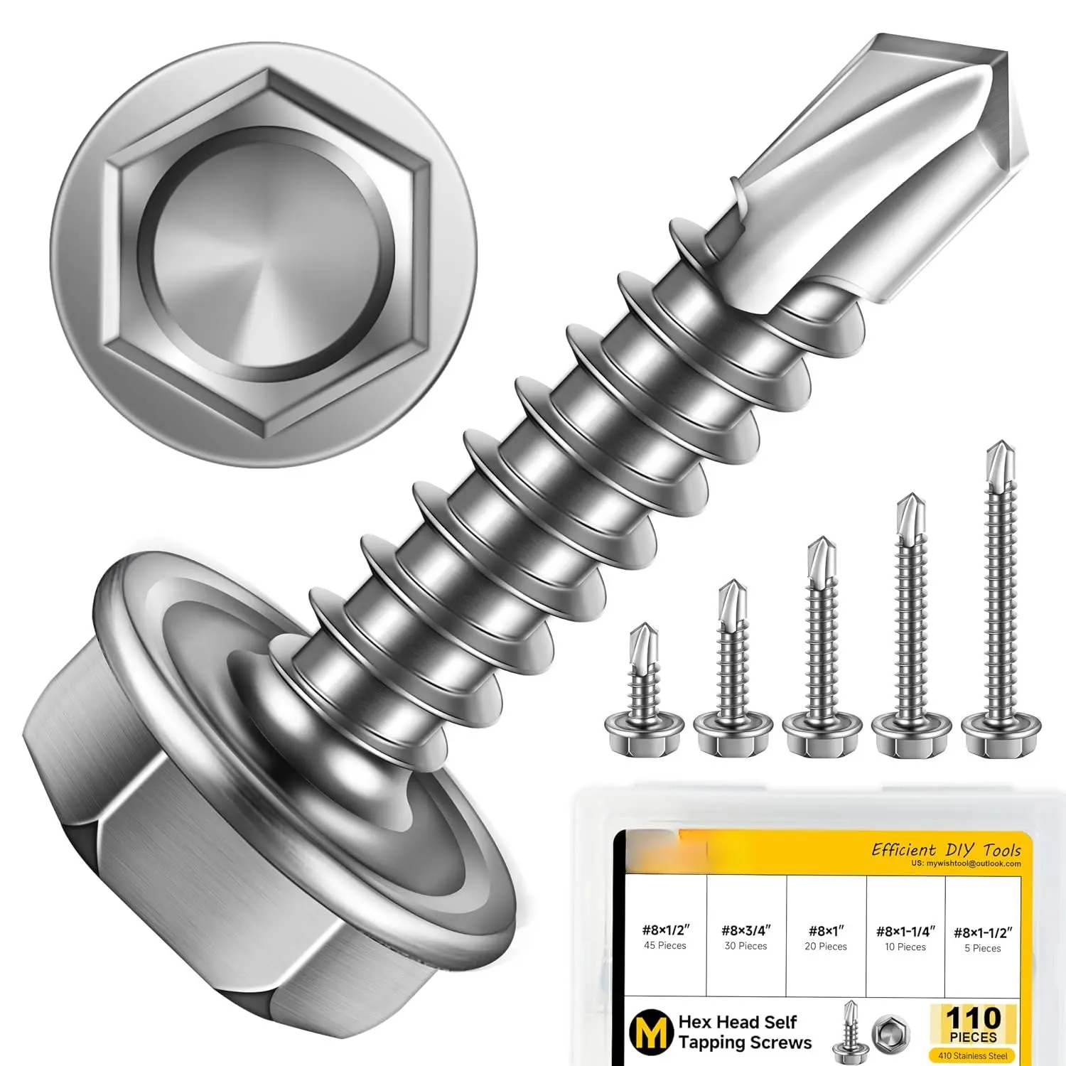410 Stainless Steel Self Tapping Screws for Metal, 110 count #8 Hex  Self Drilling Screws  Kit, Length 1/2" to 1-1/2", Bright Finish Sheet Metal Screws