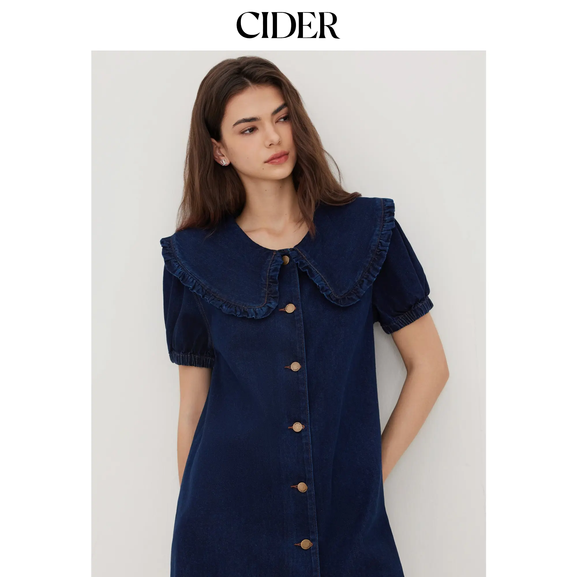 Cider Denim Peter Pan Collar Button Through Smock Puff Sleeve Mini Dress