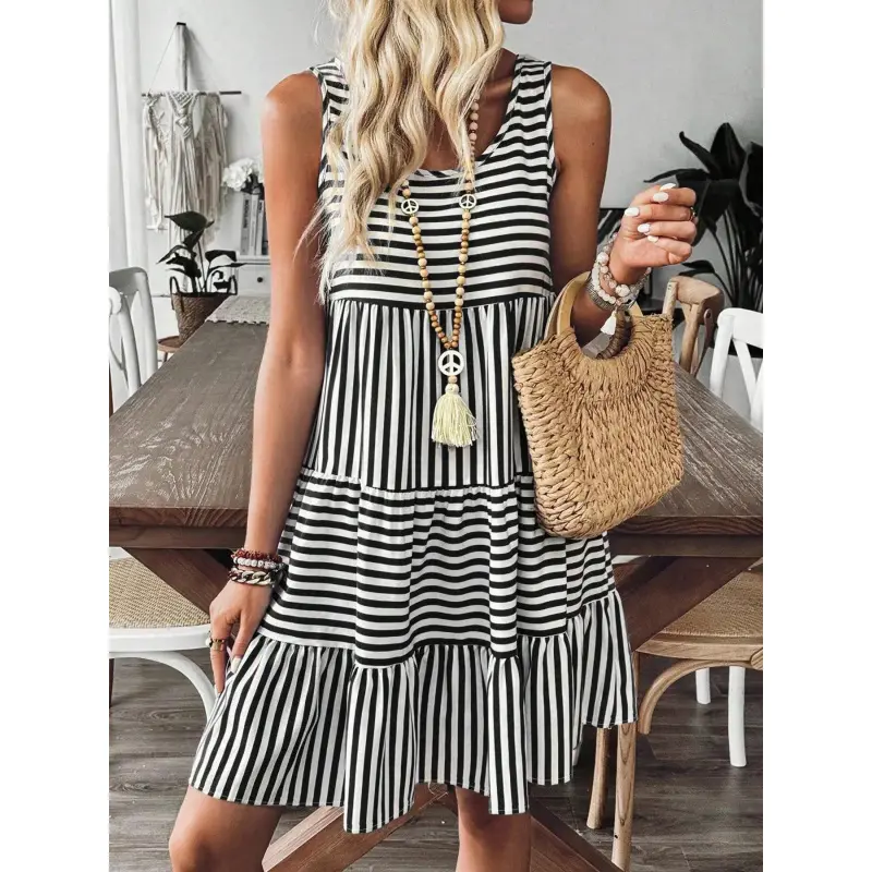 Women's Striped Print Ruffle Hem Tank Dress, Sleeveless Short Dress for Summer, Ladies Boho Chic Dress for Daily Wear