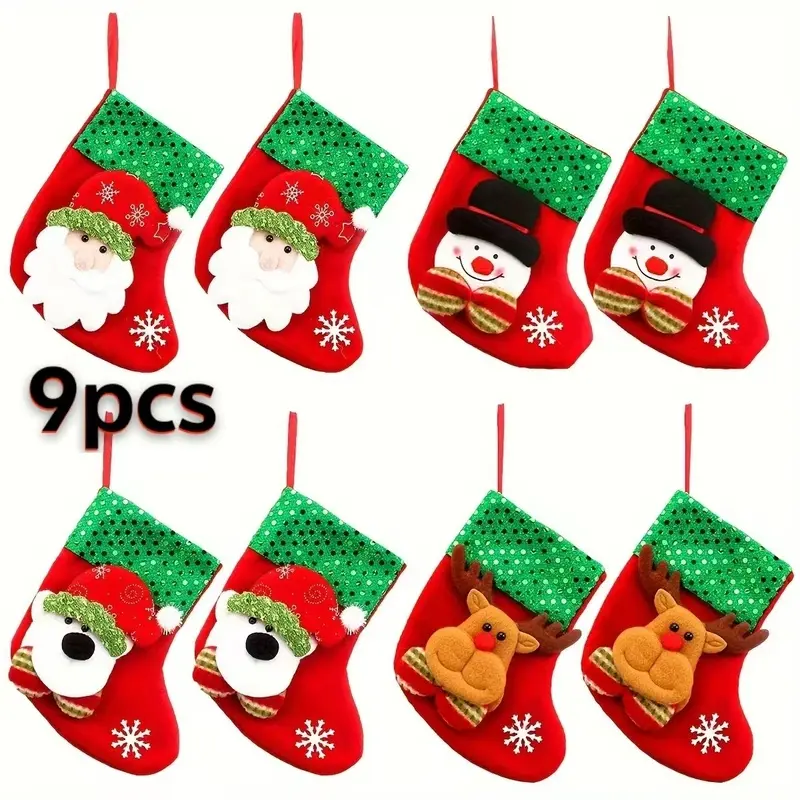 8pcs Christmas socks, gift bag stockings Santa Claus reindeer snowman bear stockings hanging gift bag socks Christmas decorations, scene decoration, holiday decoration, home decoration, office decoration, Christmas gifts.