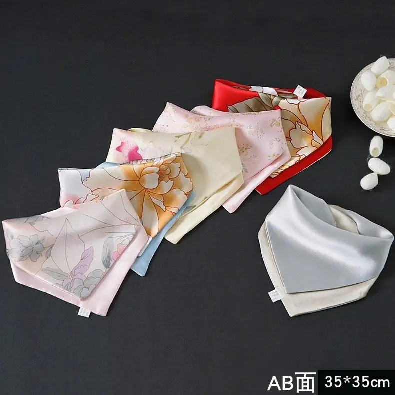 35*35cm Natural Mulberry Silk Suit Pocket Square Hanky Plain Crepe Satin AB Double-sided Double-layer Printed Small Handkerchief