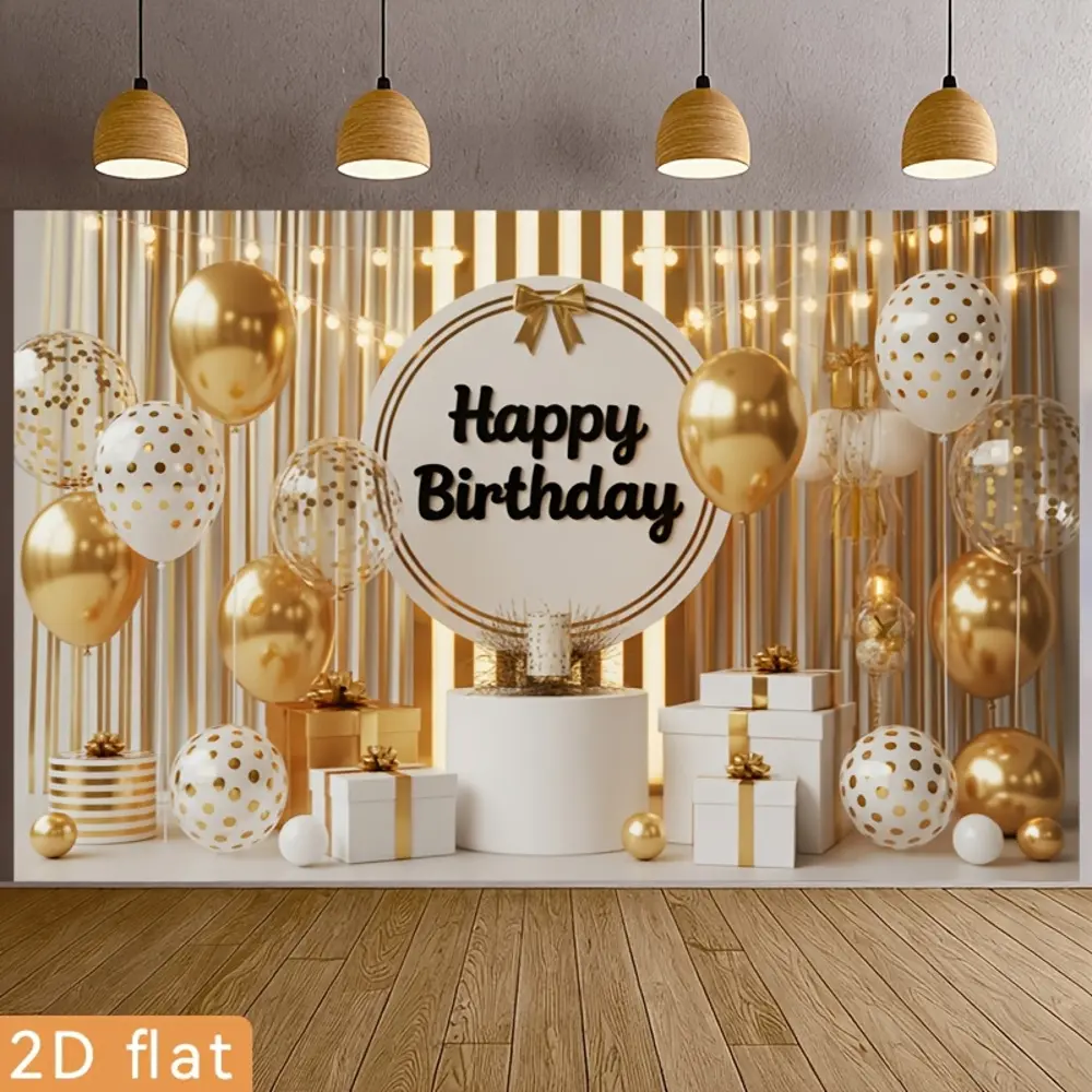 2D Flat Polyester Banner Sheet - HD Digital Printing Gold & White Happy Birthday Photography Backdrop, Soft Lightweight Foldable Cloth for Birthday Party Photos, Studio Shooting