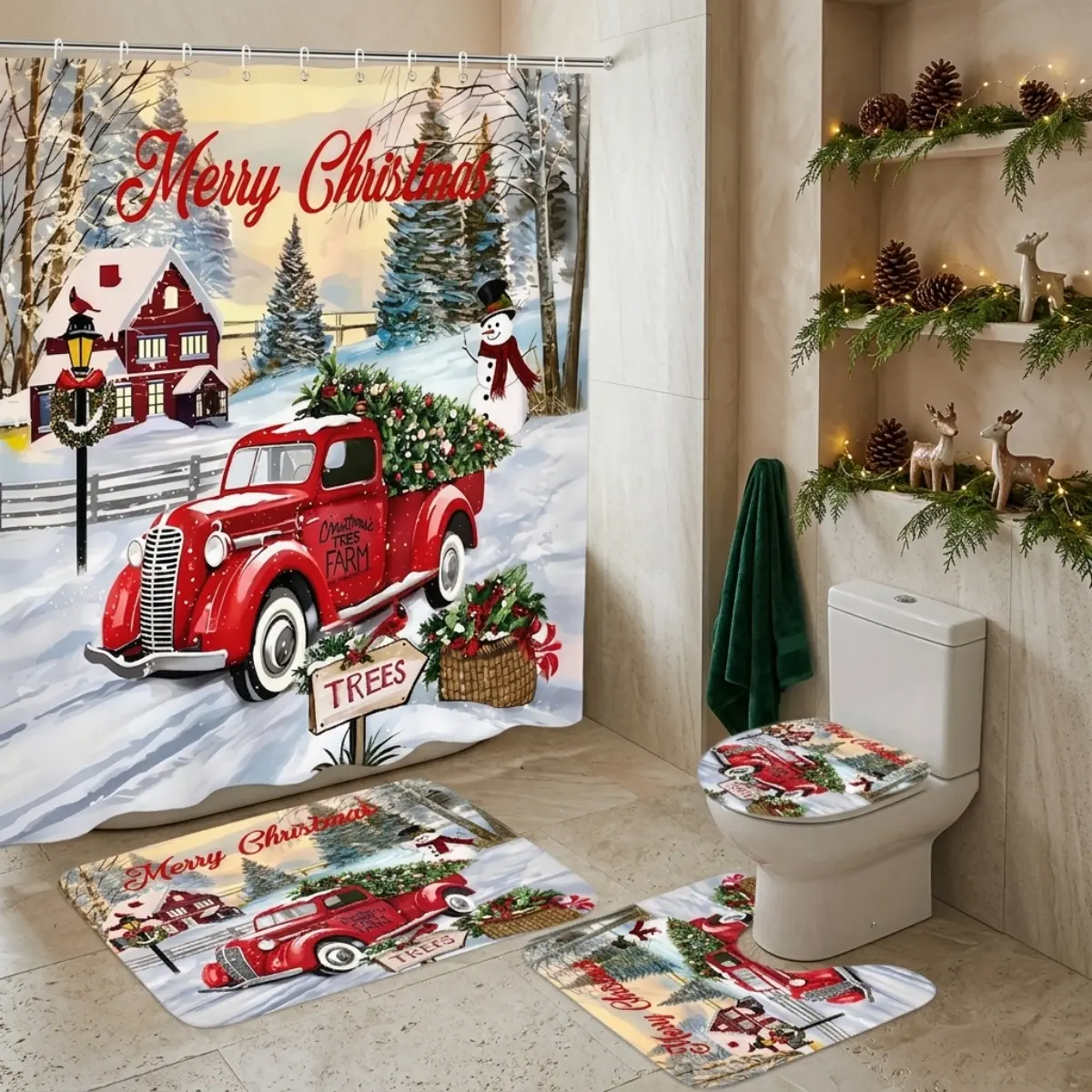4pcs Christmas Shower Curtain Set, Merry Christmas Red Truck with Snowman, Rustic Farmhouse Holiday Decor, Winter Evergreen Cabin Scene, TikTok Shop Bathroom Decor, Festive Holiday Bathroom Set