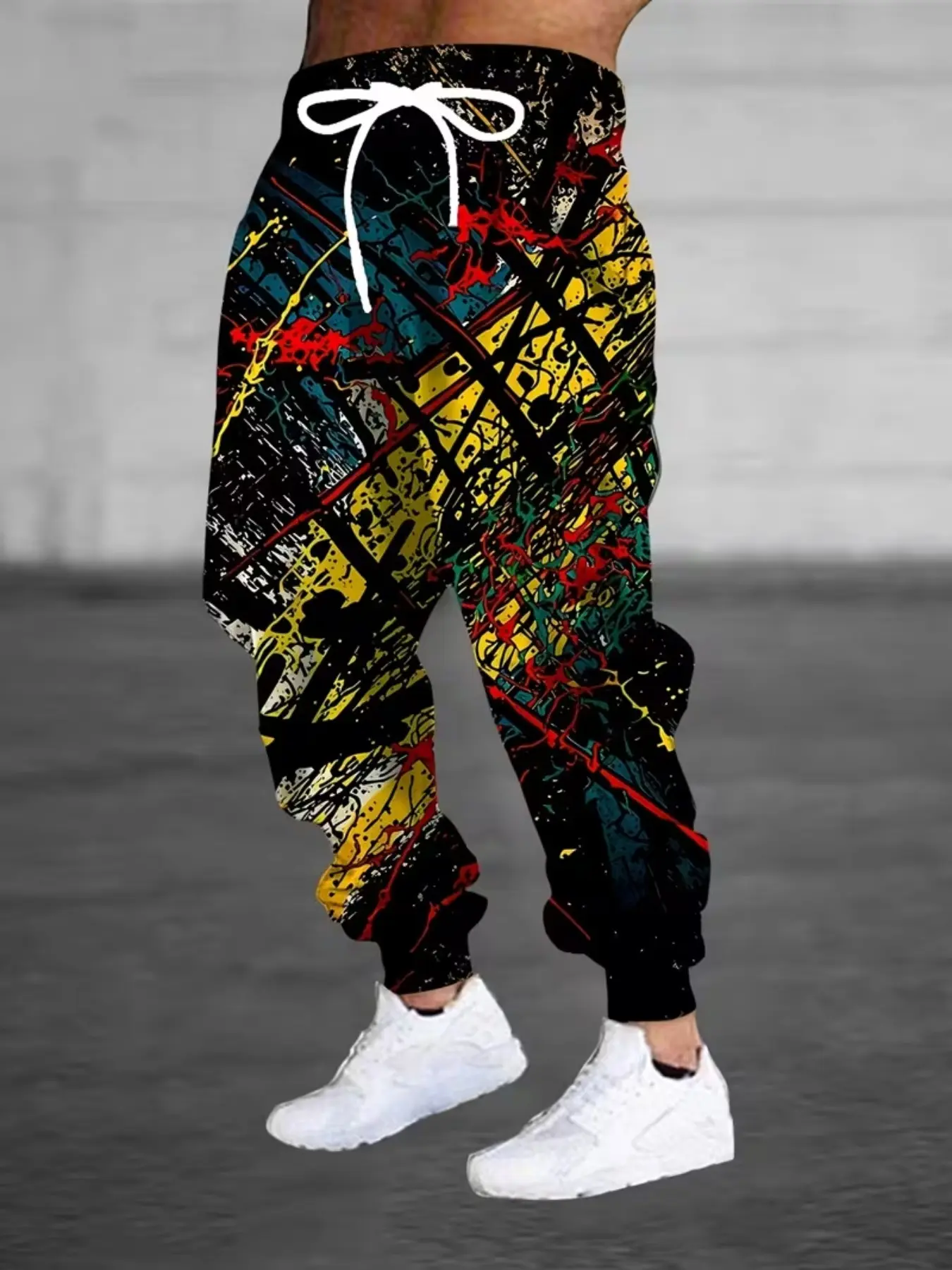 Men's Vintage Washed Color Block Paint Splatter Digital Print Graphic Sweatpants, Athleisure Menswear, Hip Hop Loose Fit Ankle Length, Casual All Seasons Sportswear