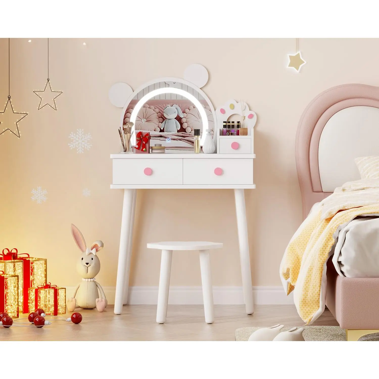 Garvee Kids Vanity with Illuminated Bear-Shaped Mirror: Wooden Princess Vanity with Drawers, Flower-Shaped Stool, and Safe Touch LED Light for Kids, Ideal for Little Girls' Bedrooms