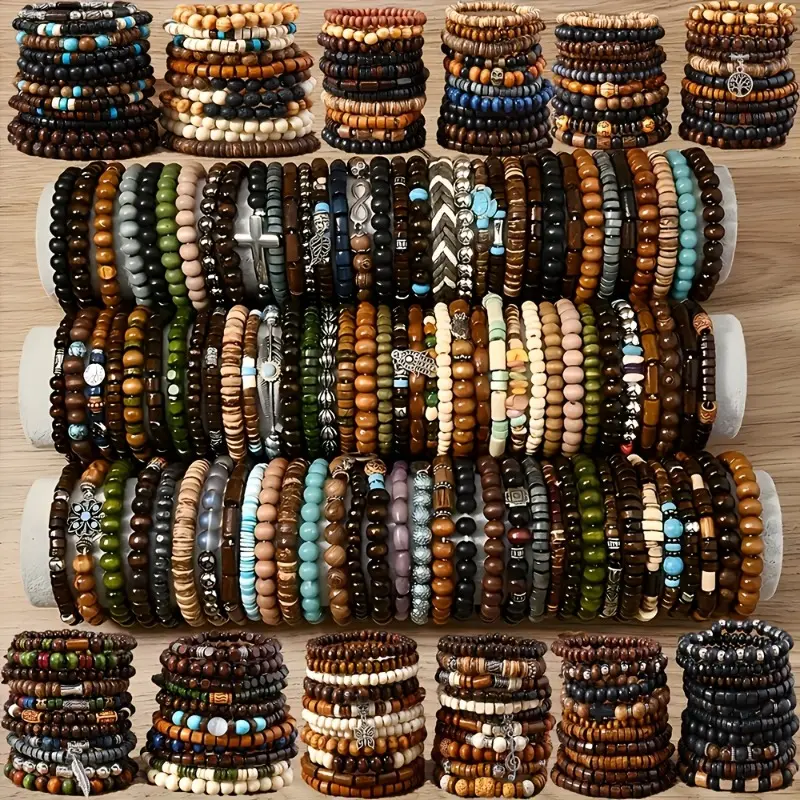 22/33/40Pcs Vintage Western Styles Wooden Bead Bracelets Set for Women - Multi-Layer Assorted Colors Bracelet, Mixed Charms, Summer Casual Style Daily Wear Jewelry, Ideal Holiday Gift