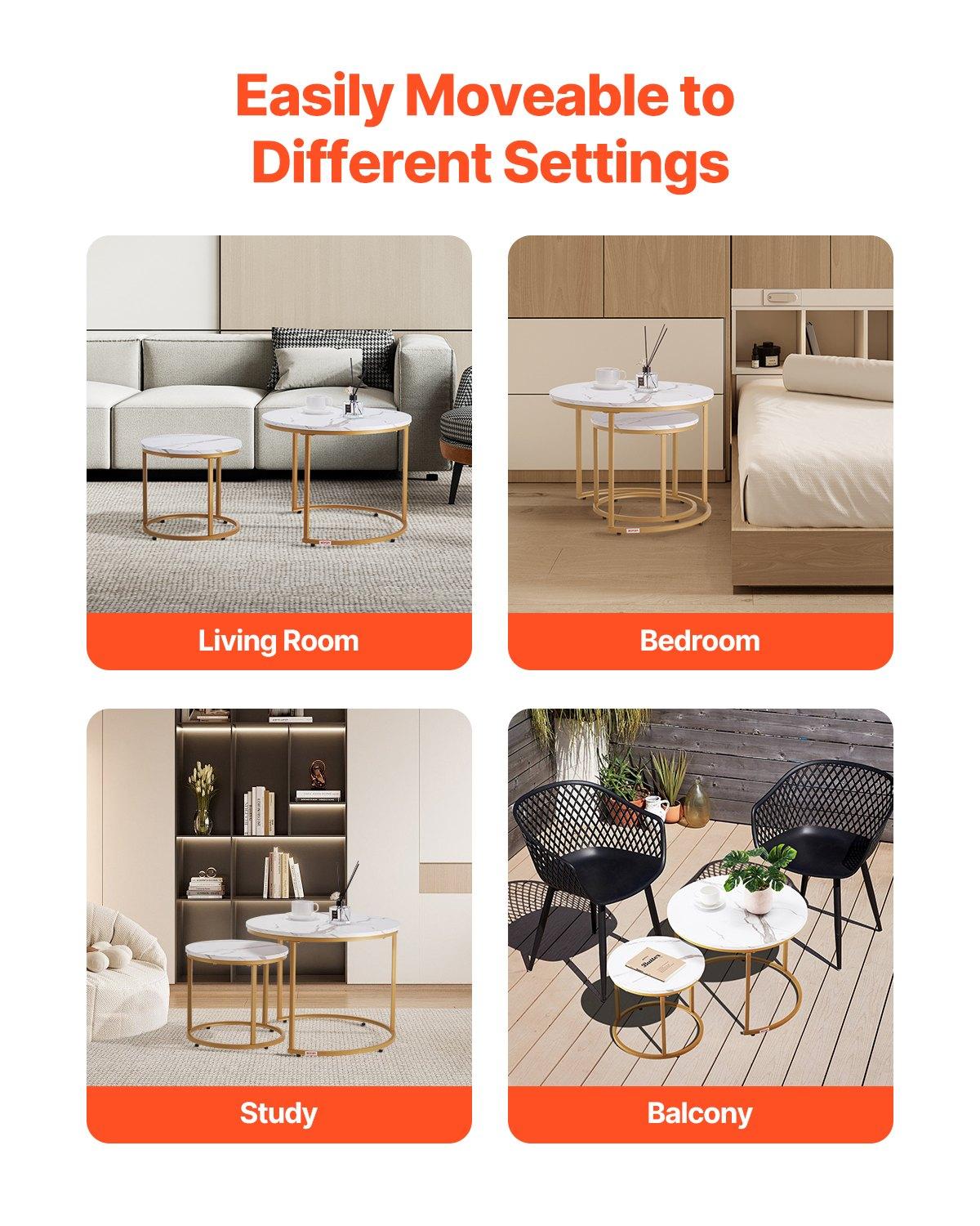 VEVOR Nesting Coffee Table Set of 2, 23.6 in Round Coffee Table, Nesting Tables for Small Place, Vintage End Side Tables Night Stand with Metal Frame, for Living Room, Bedroom, Office (White & Gold)