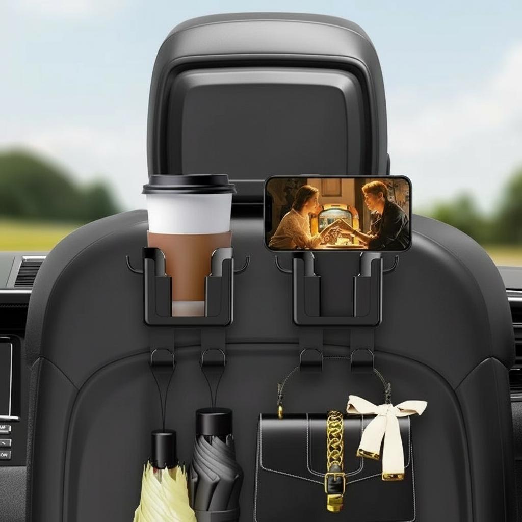 pcs Car Seat Back Organizer with Cup Holder, Phone Stand & Hooks - Heavy-Duty Multi-Functional Storage Rack, Multifunctional Car Organizer, Space-Saving Design for SUVs, Sedans, Trucks - Holds Water Bottles, Phones, Bags, Glasses, Car Interior Organizer