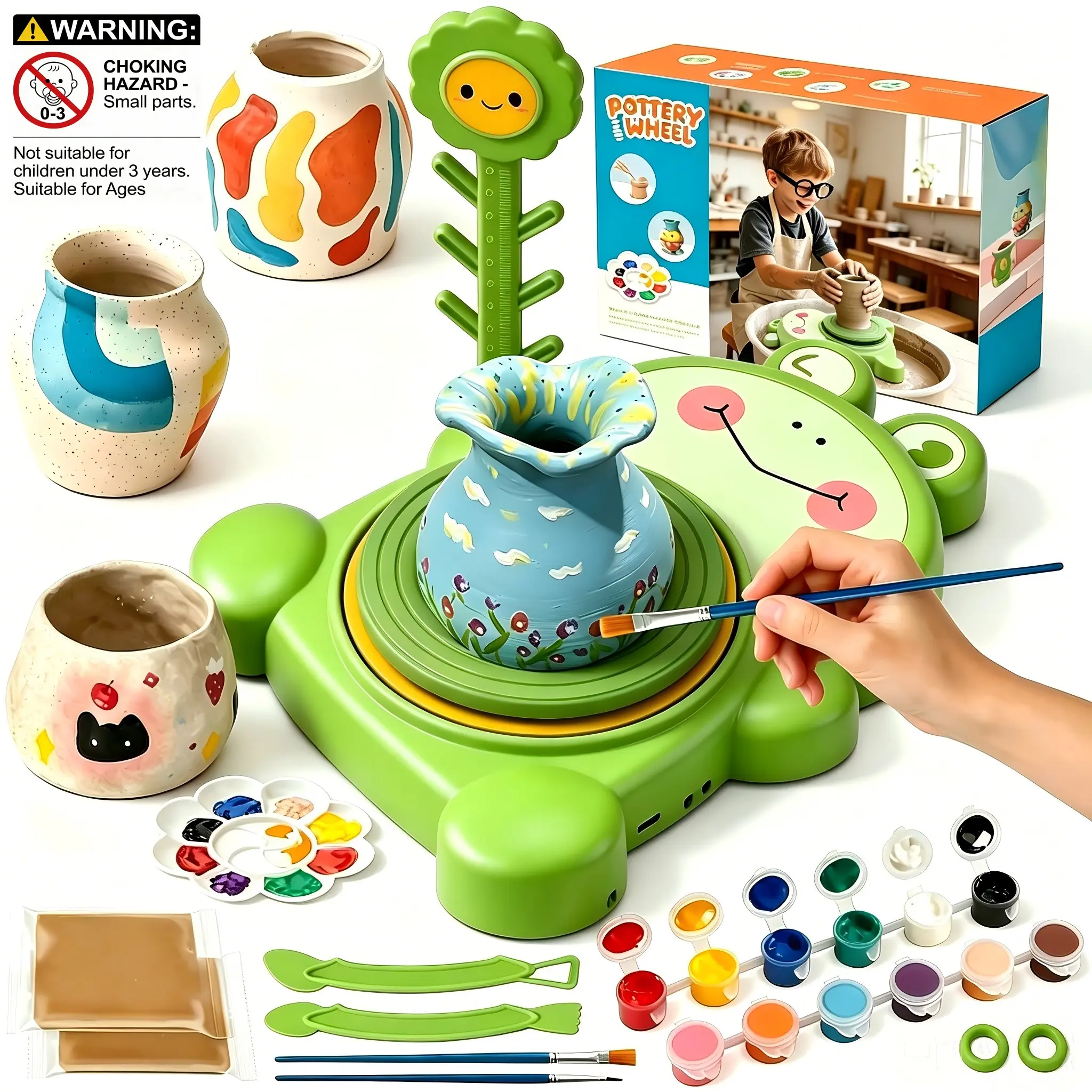 Full Ceramic Pottery Wheel Set, Art Craft Kits, Includes Drying Clay and Painting Tools, Steam Learning Toy, Interactive Educational Gift for Ages 6-12