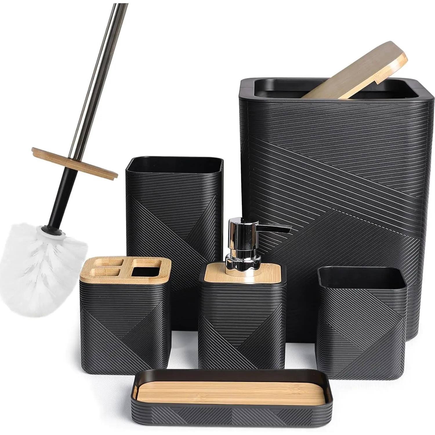 Bamboo Bathroom Accessories Set, 6 Piece Square Spiral, Black